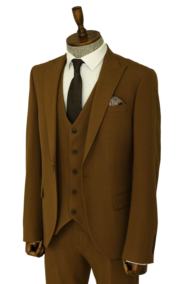 WSS Three Piece Slim Fit Single Button Tan Men Suit - Singen