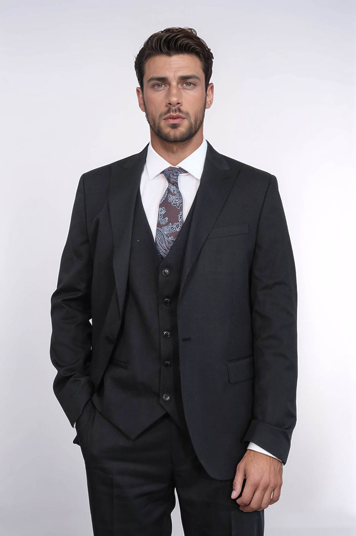 WSS 3 -Piece Single Button Peak Lapel Black Men Suit  - Security-Widefield