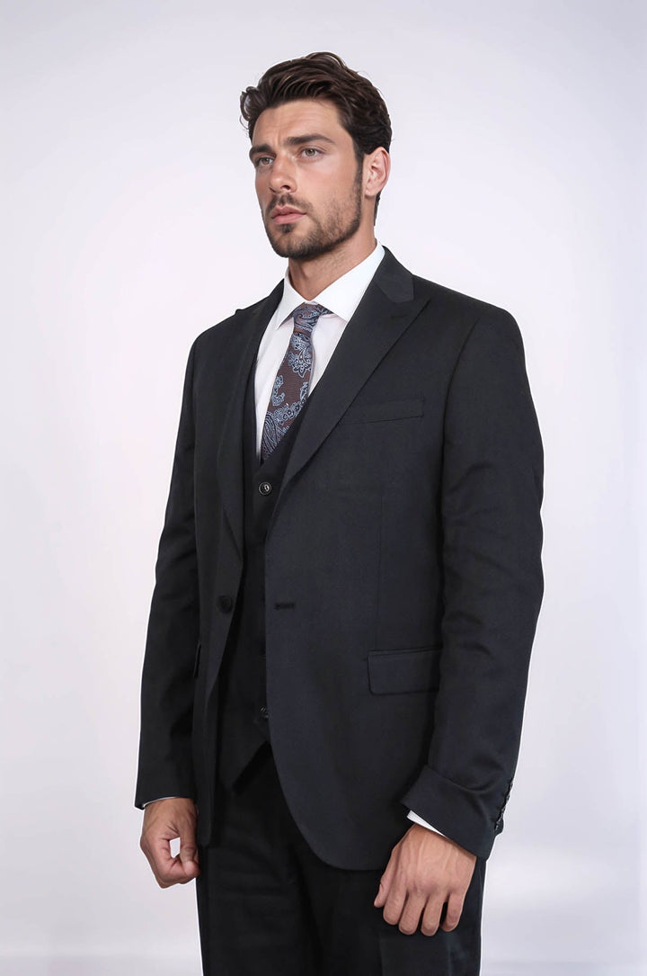 WSS 3 -Piece Single Button Peak Lapel Black Men Suit  - Security-Widefield