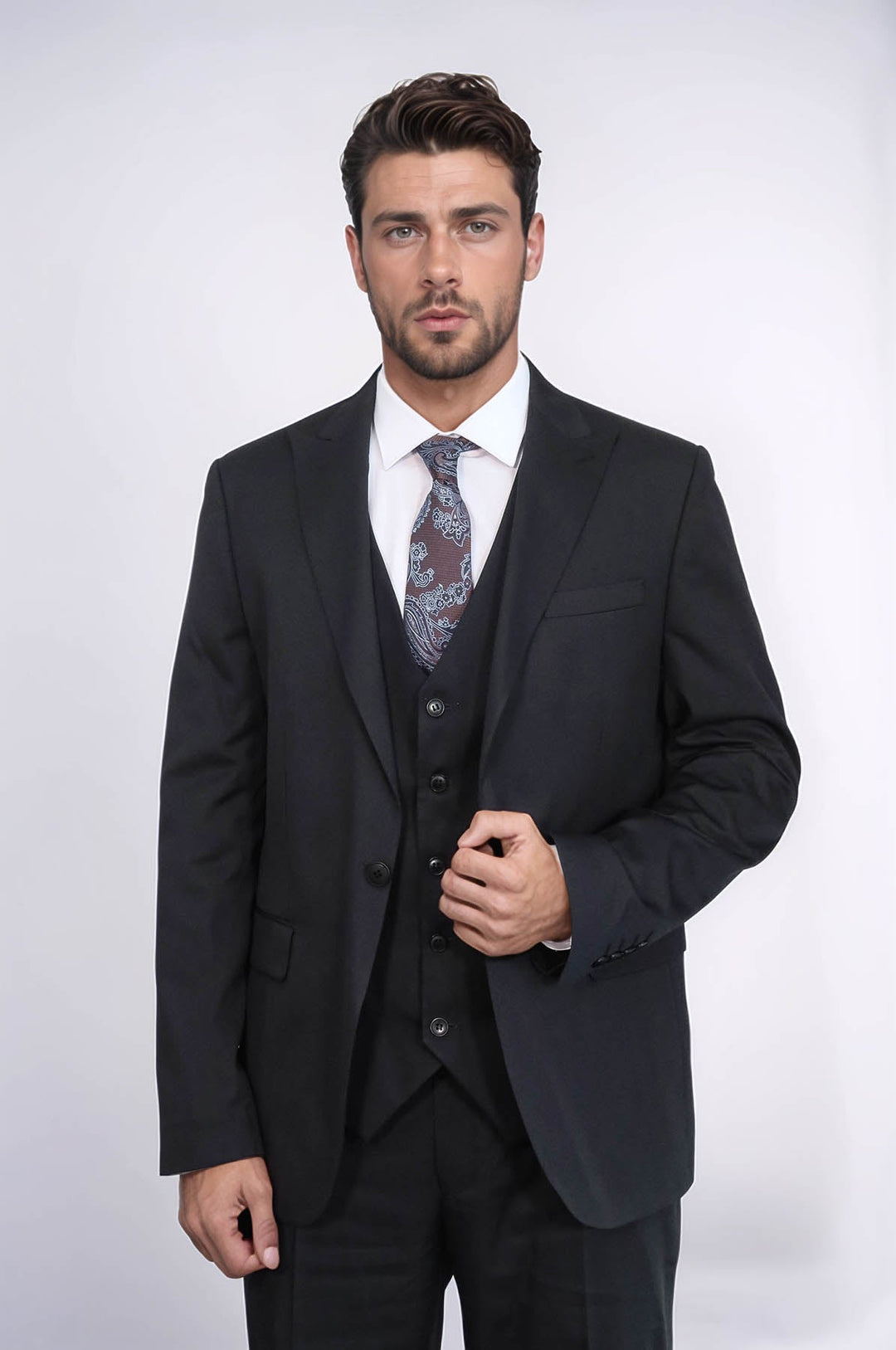 WSS 3 -Piece Single Button Peak Lapel Black Men Suit  - Security-Widefield