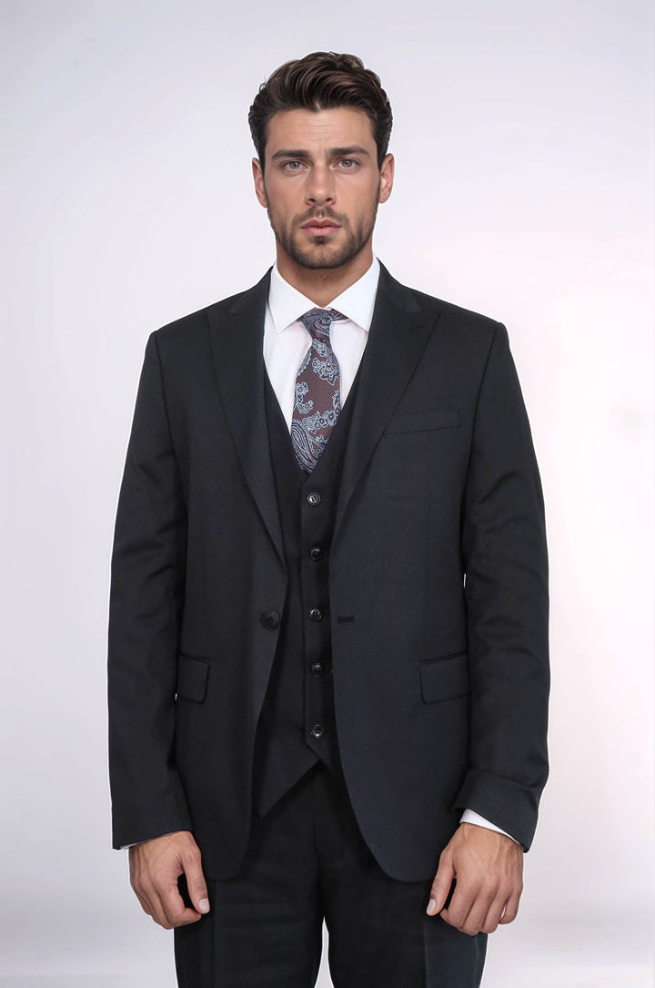 WSS 3 -Piece Single Button Peak Lapel Black Men Suit  - Security-Widefield