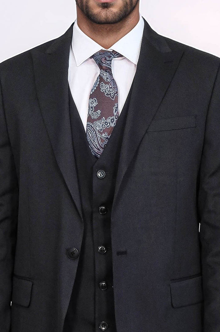 WSS 3 -Piece Single Button Peak Lapel Black Men Suit  - Security-Widefield