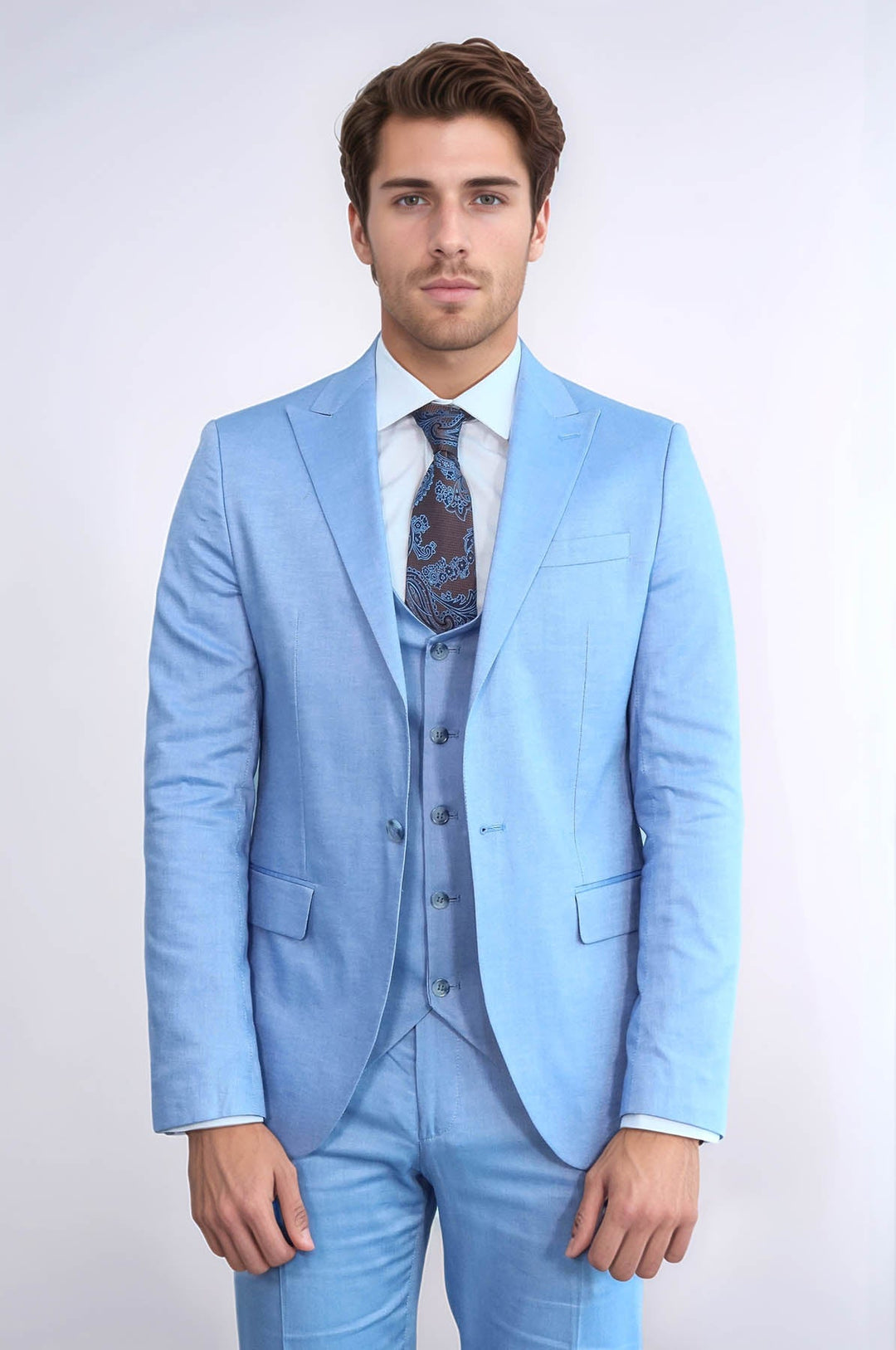 WSS 3 -Piece Single Button Peak Lapel Ice Blue Men Suit  - San Bruno