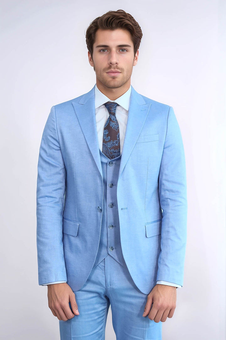 WSS 3 -Piece Single Button Peak Lapel Ice Blue Men Suit  - San Bruno