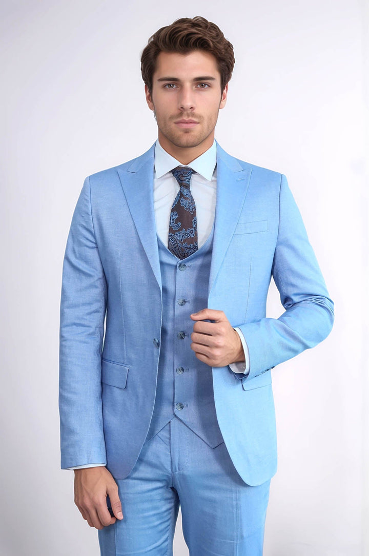 WSS 3 -Piece Single Button Peak Lapel Ice Blue Men Suit  - San Bruno