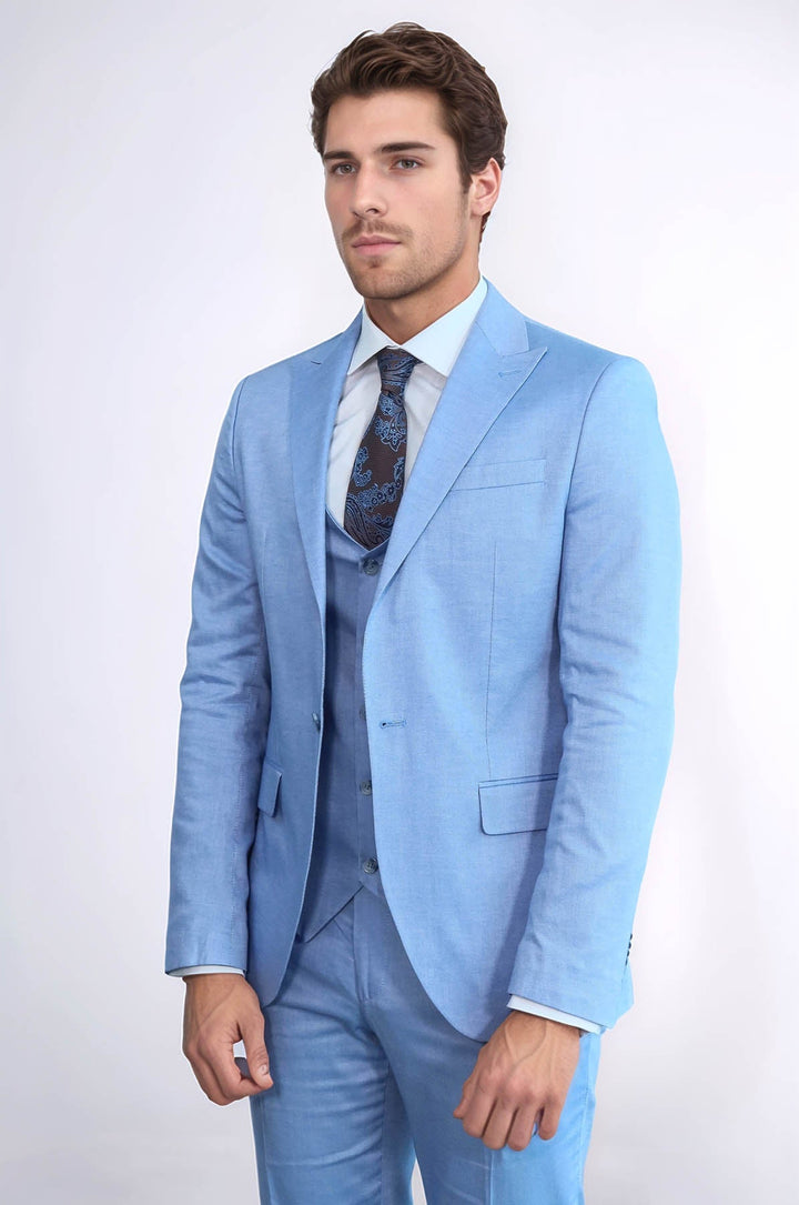 WSS 3 -Piece Single Button Peak Lapel Ice Blue Men Suit  - San Bruno
