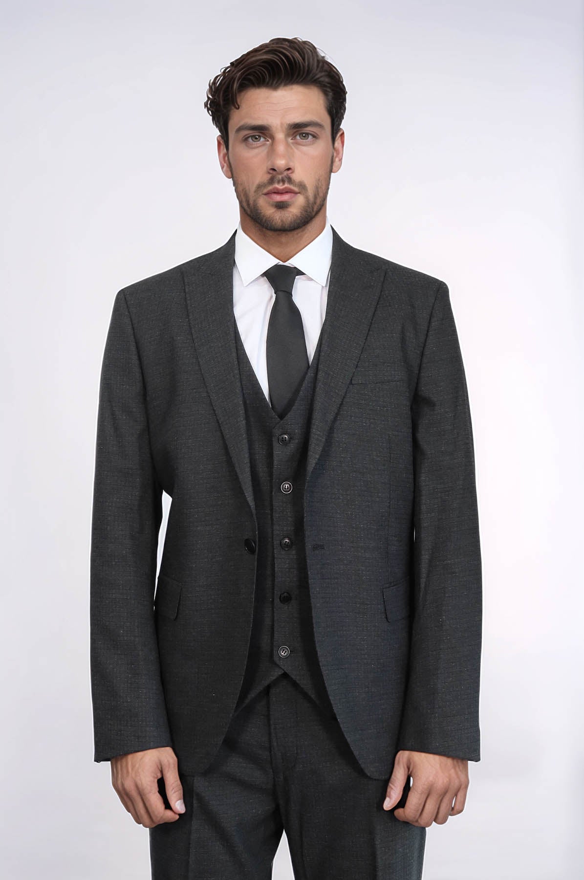 WSS 3 -Piece Single Button Peak Lapel Dark Grey Men Suit