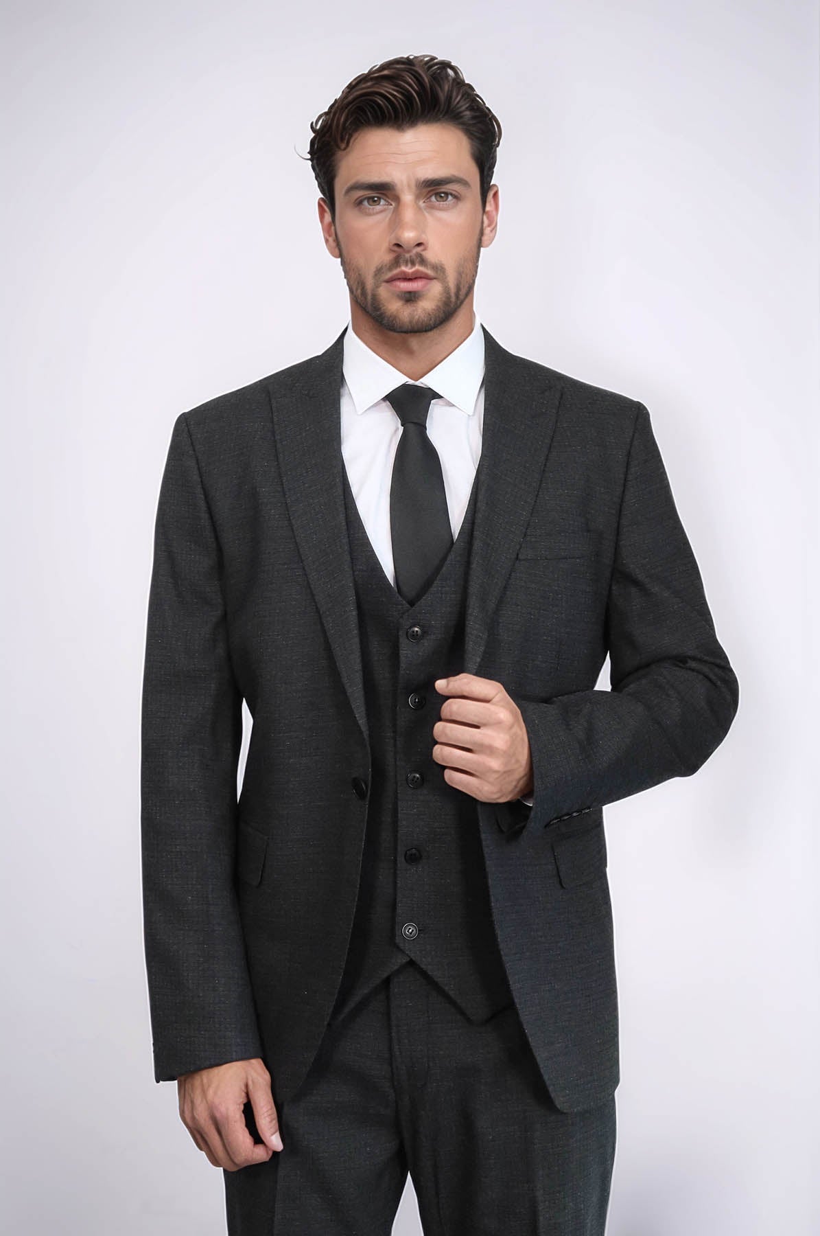 WSS 3 -Piece Single Button Peak Lapel Dark Grey Men Suit