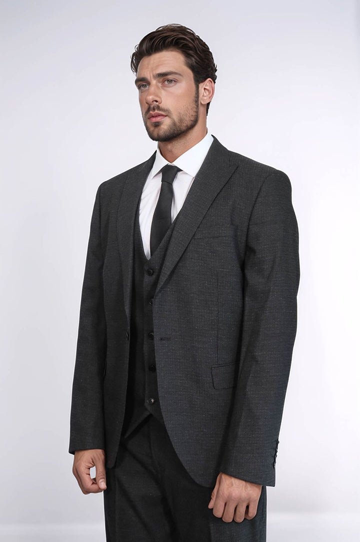 WSS 3 -Piece Single Button Peak Lapel Dark Grey Men Suit  - Friedrichshafen
