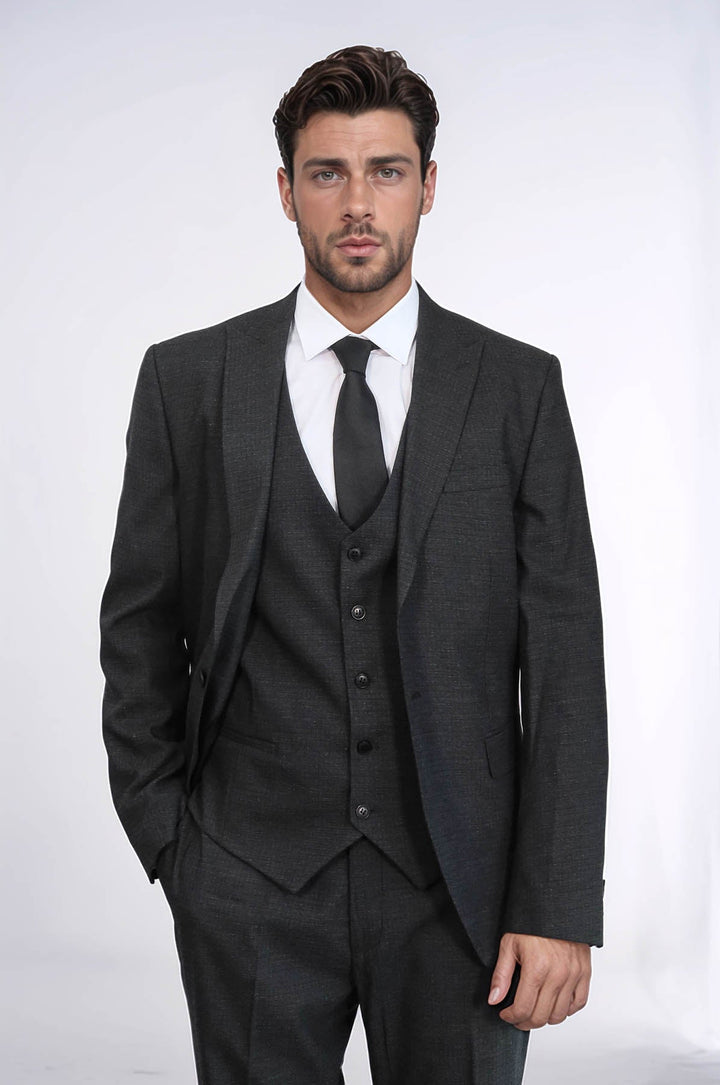 WSS 3 -Piece Single Button Peak Lapel Dark Grey Men Suit  - Friedrichshafen