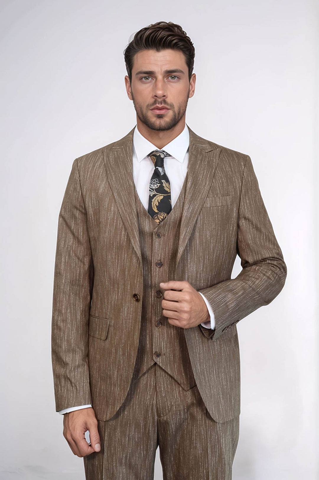 WSS 3 -Piece Single Button Peak Lapel Tan Men Suit  - Woburn