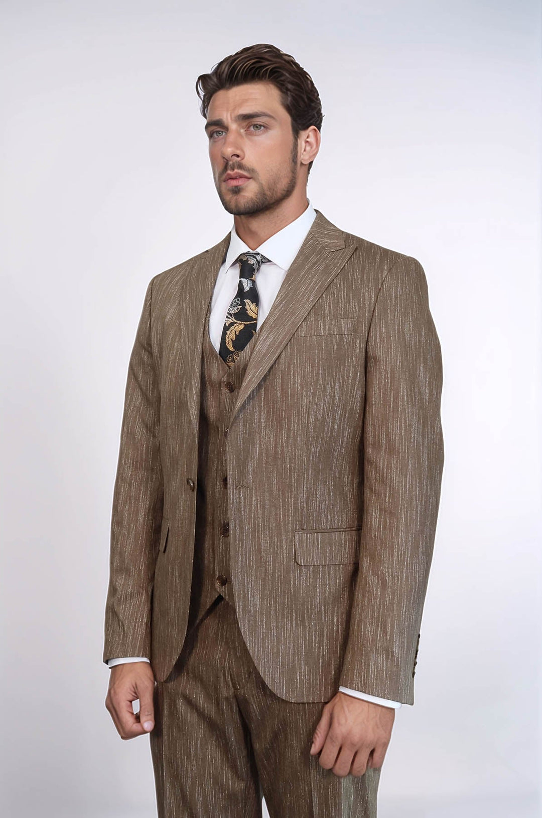 WSS 3 -Piece Single Button Peak Lapel Tan Men Suit  - Woburn