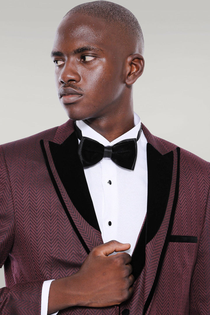WSS Velvet Lapel Patterned Vested Burgundy Men Tuxedo  - Singen