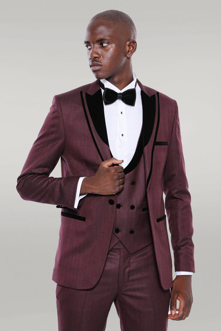 WSS Velvet Lapel Patterned Vested Burgundy Men Tuxedo  - Singen