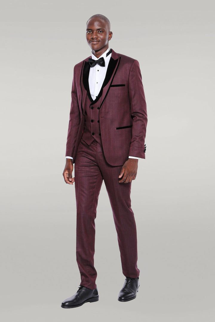 WSS Velvet Lapel Patterned Vested Burgundy Men Tuxedo  - Singen