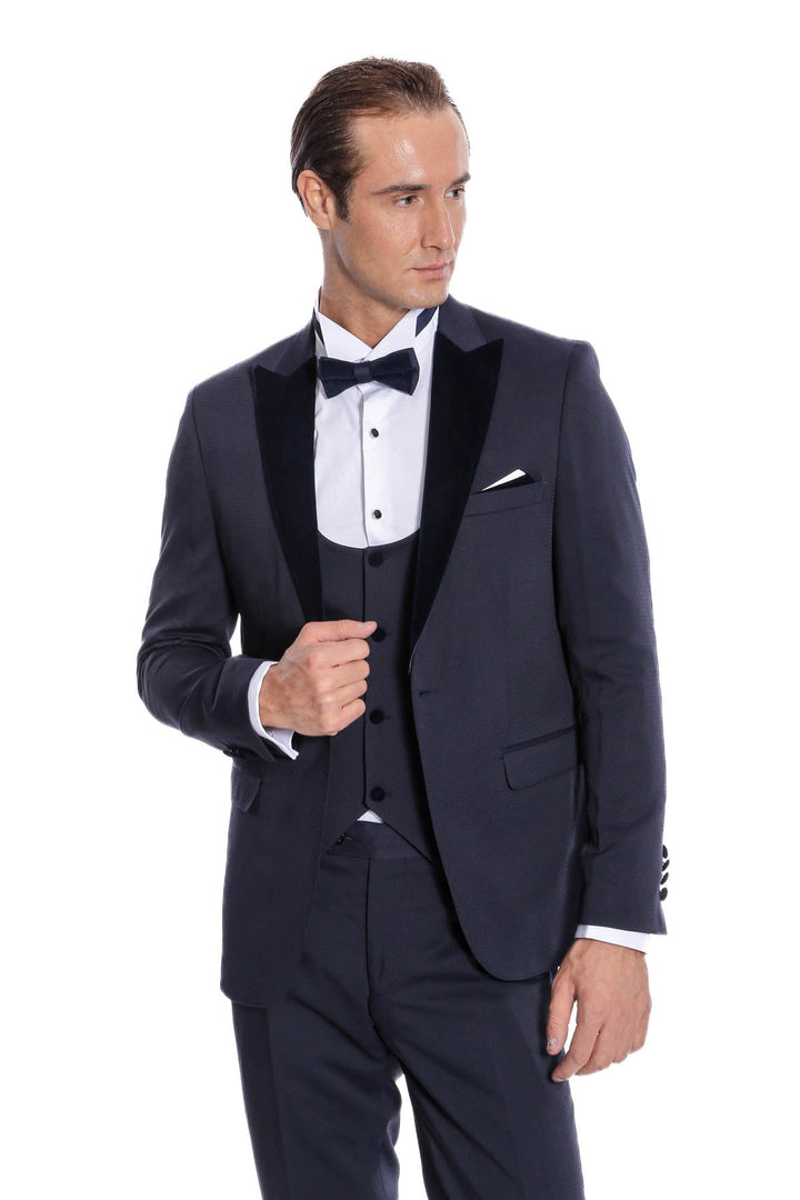 WSS Velvet Lapel Slim Fit Navy Blue Men Tuxedo  - Princeton