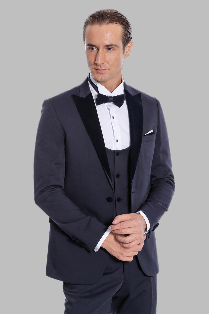 WSS Velvet Lapel Slim Fit Navy Blue Men Tuxedo  - Princeton