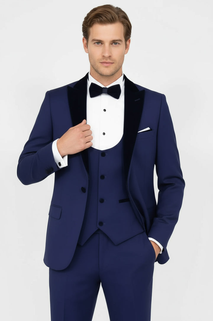 WSS Velvet Lapel Slim Fit Blue Men Suit  - Crewe
