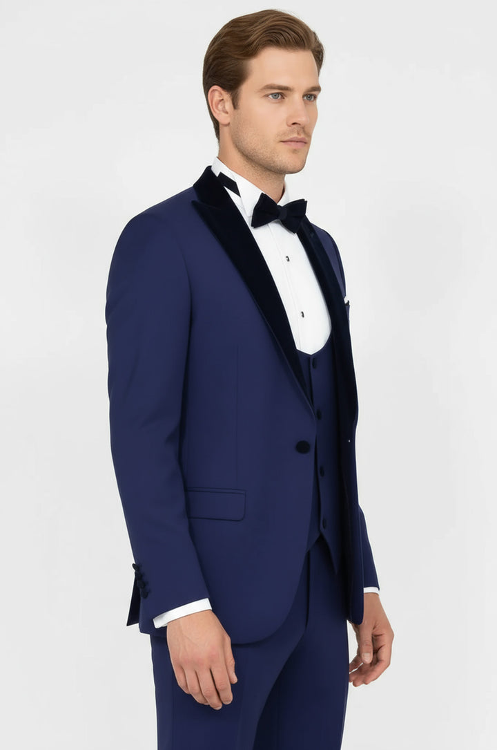 WSS Velvet Lapel Slim Fit Blue Men Suit  - Crewe