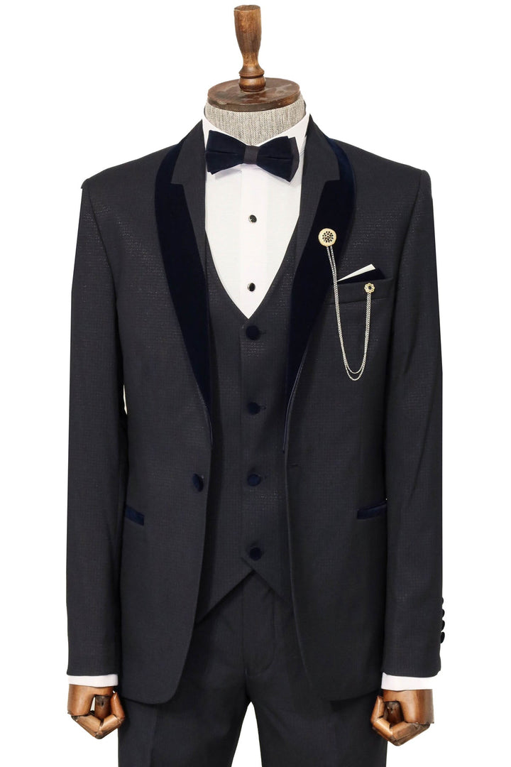 WSS Patterned Velvet Lapel Navy Blue Men Tuxedo  - Leiria