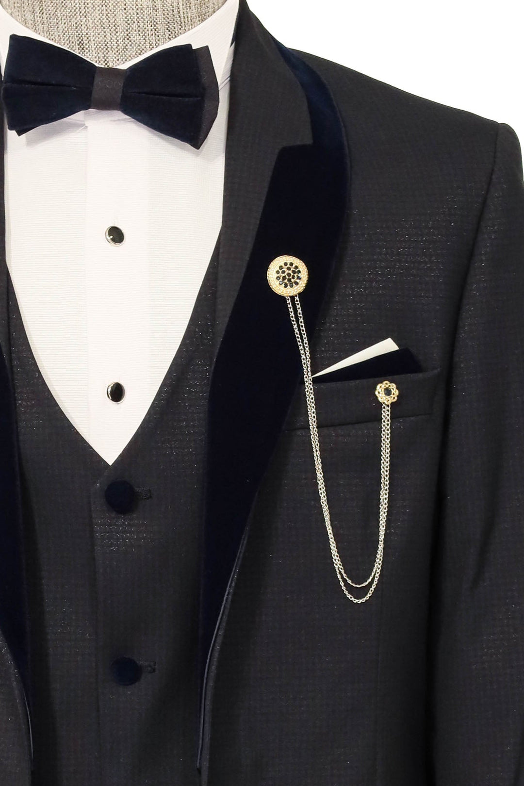 WSS Patterned Velvet Lapel Navy Blue Men Tuxedo  - Leiria
