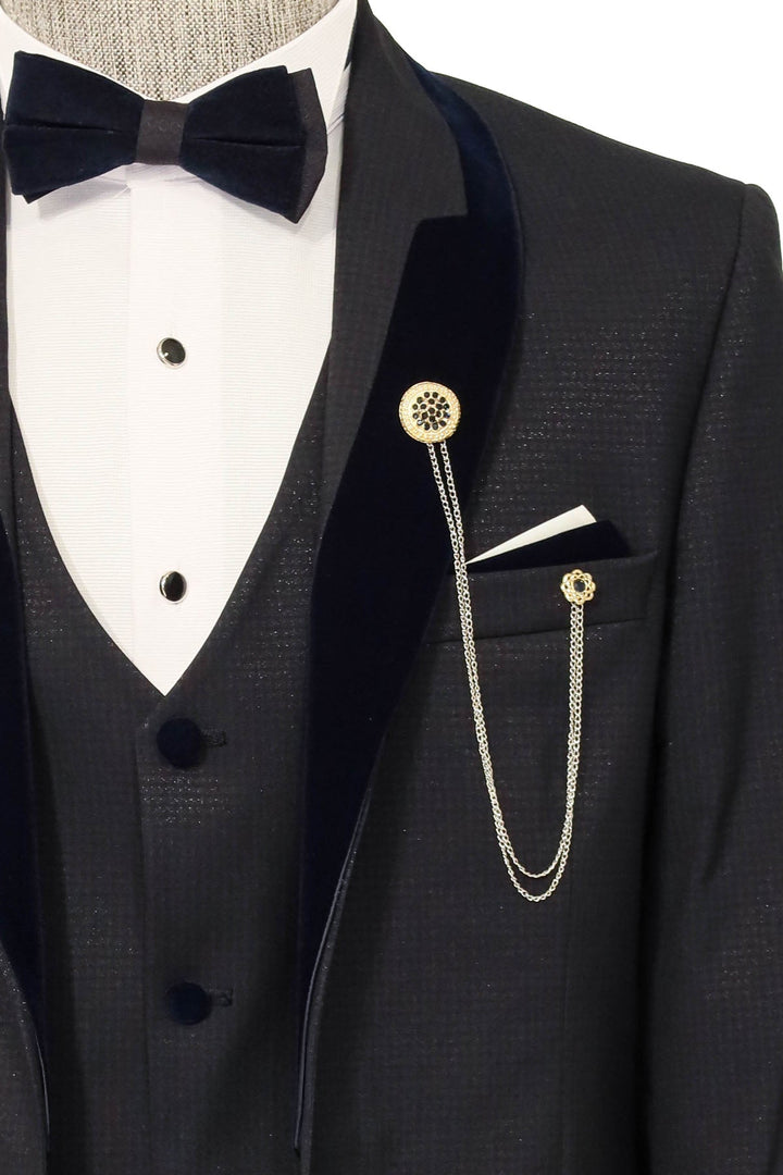 WSS Patterned Velvet Lapel Navy Blue Men Tuxedo  - Leiria