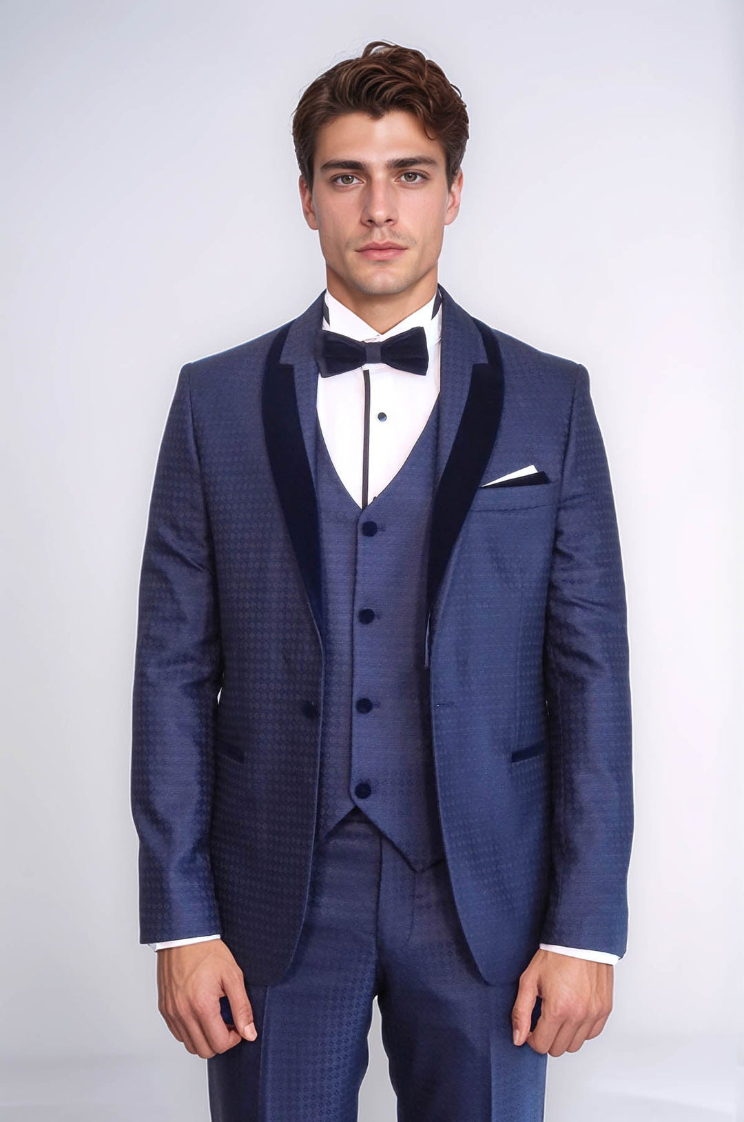 WSS Patterned Velvet Lapel Navy Blue Men Tuxedo  - Romny