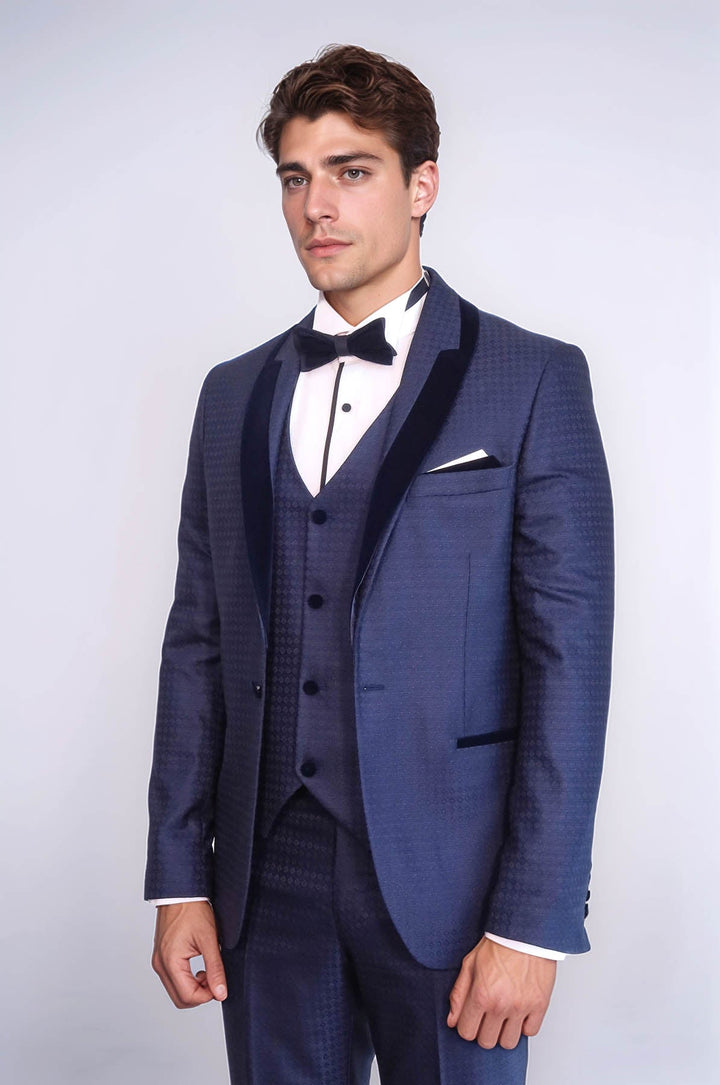 WSS Patterned Velvet Lapel Navy Blue Men Tuxedo  - Romny