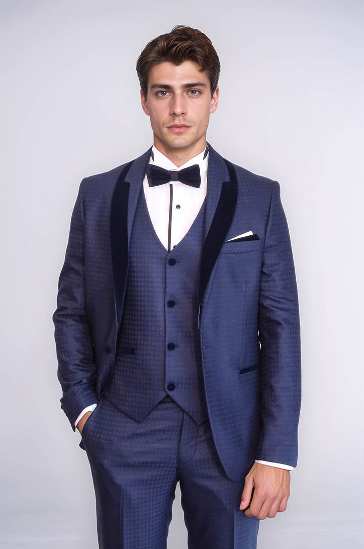 WSS Patterned Velvet Lapel Navy Blue Men Tuxedo  - Romny