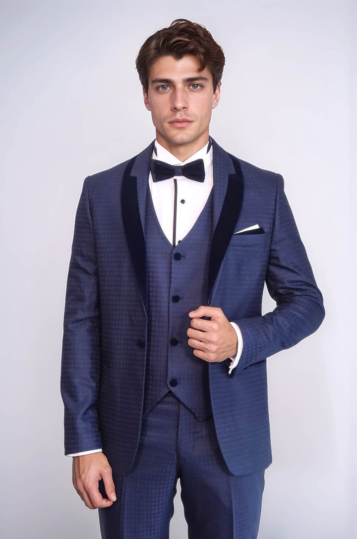 WSS Patterned Velvet Lapel Navy Blue Men Tuxedo  - Romny