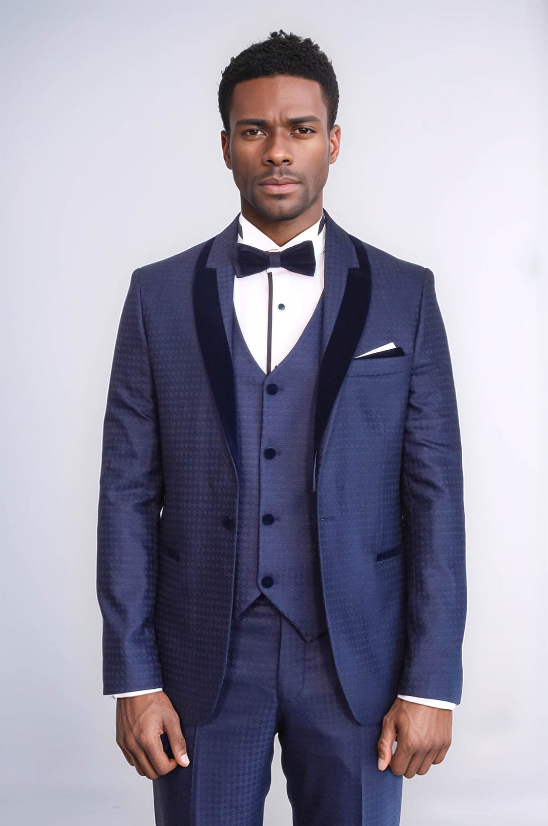 WSS Patterned Velvet Lapel Navy Blue Men Tuxedo  - Stonecrest