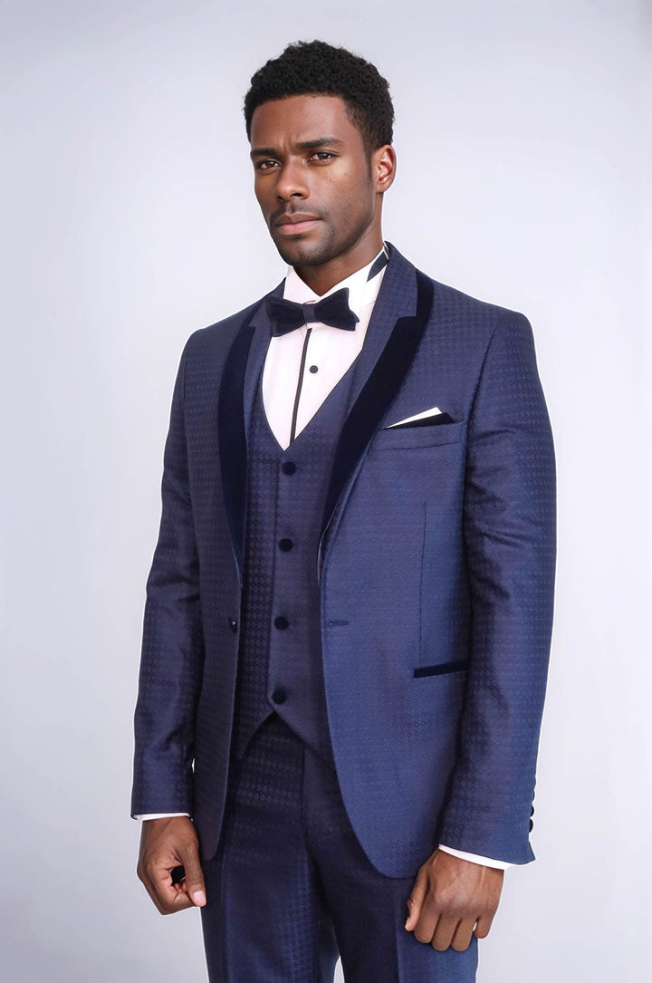 WSS Patterned Velvet Lapel Navy Blue Men Tuxedo  - Stonecrest