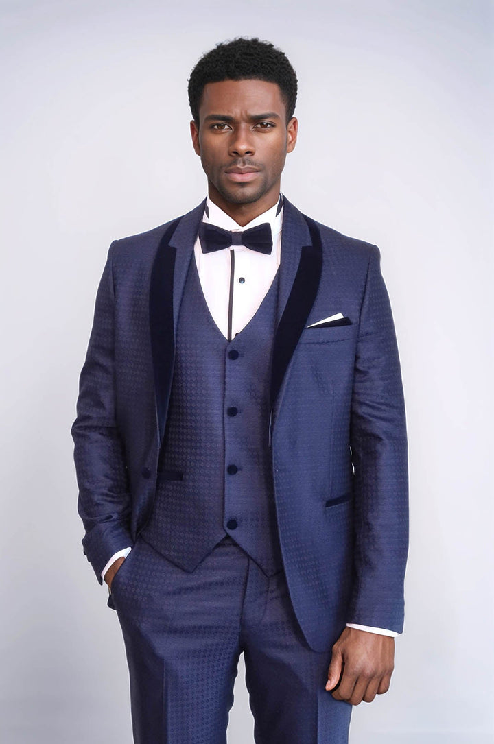 WSS Patterned Velvet Lapel Navy Blue Men Tuxedo  - Stonecrest