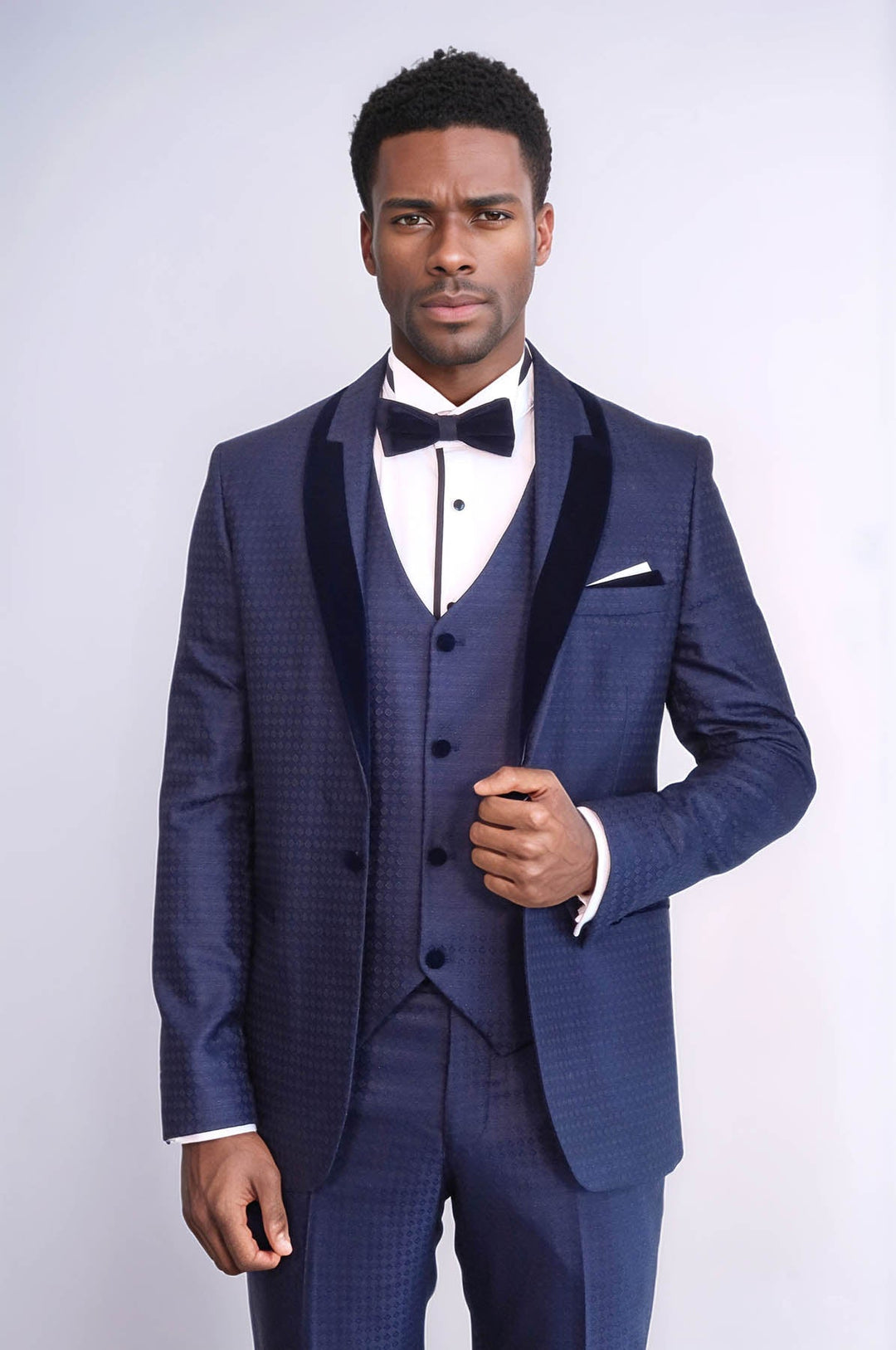 WSS Patterned Velvet Lapel Navy Blue Men Tuxedo  - Stonecrest