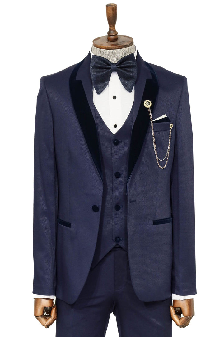 WSS Patterned Velvet Lapel Navy Men Tuxedo  - Shostka