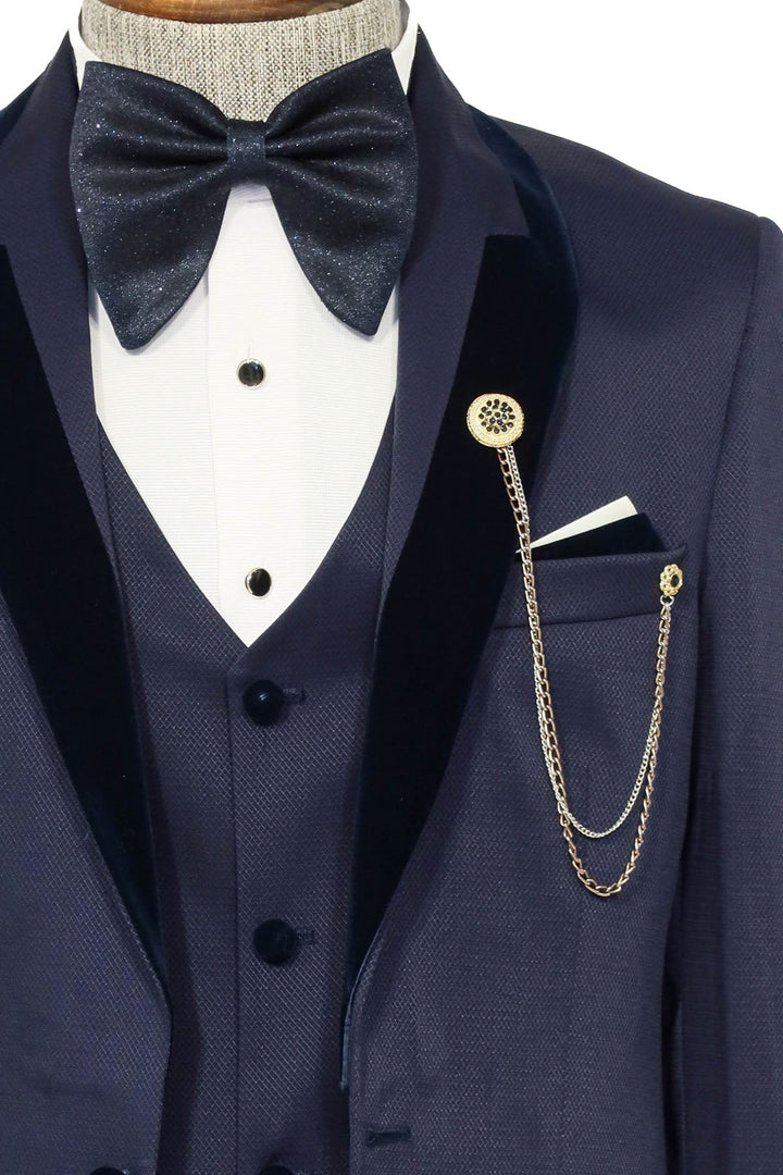 WSS Patterned Velvet Lapel Navy Men Tuxedo  - Shostka