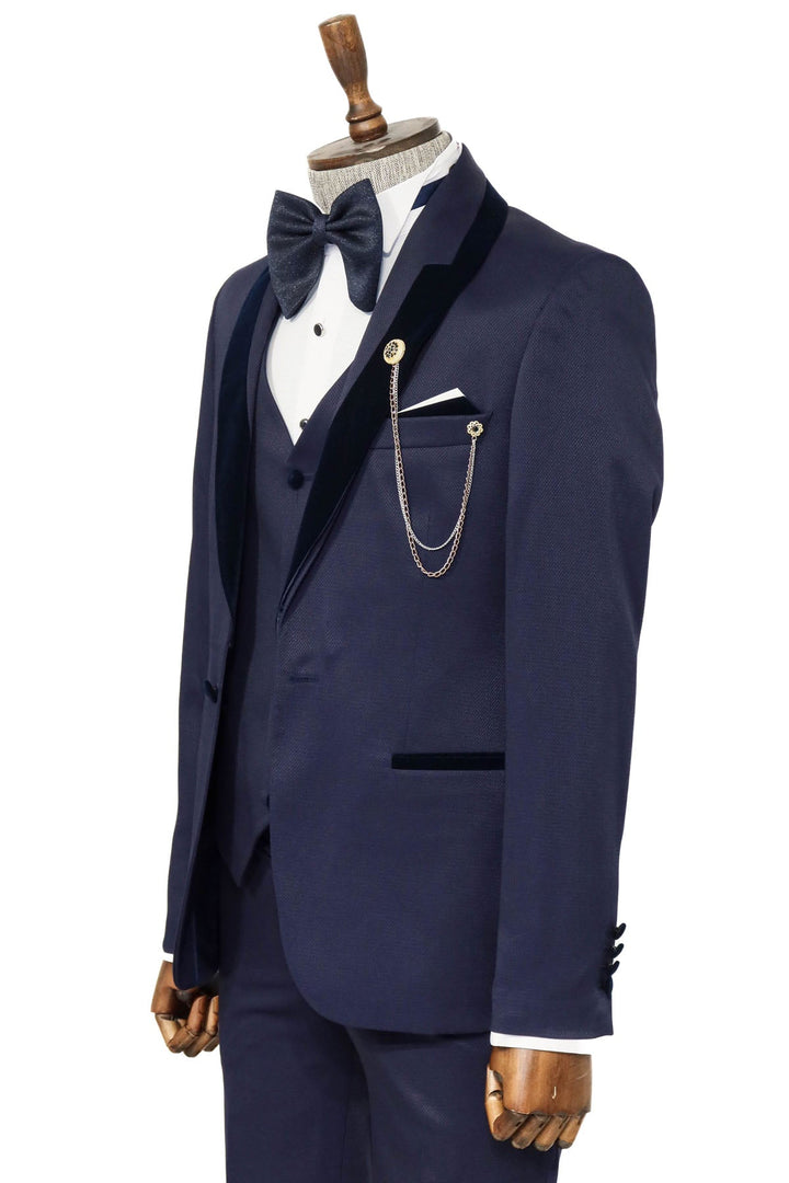 WSS Patterned Velvet Lapel Navy Men Tuxedo  - Shostka