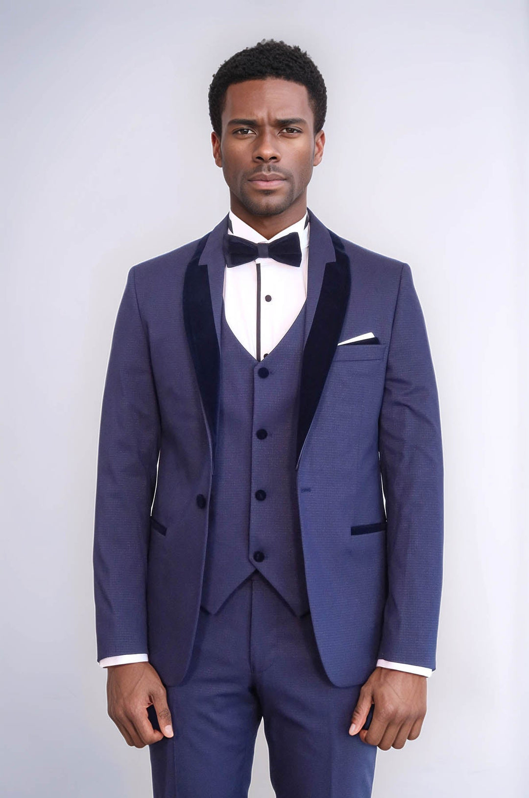 WSS Patterned Velvet Lapel Navy Blue Tuxedo  - Ameca
