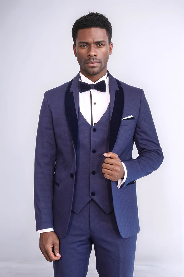 WSS Patterned Velvet Lapel Navy Blue Tuxedo  - Ameca