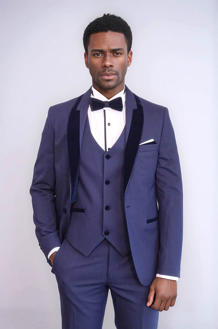 WSS Patterned Velvet Lapel Navy Blue Tuxedo  - Ameca