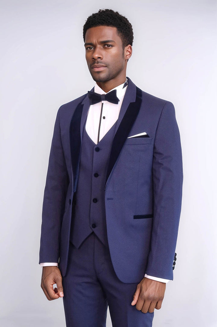 WSS Patterned Velvet Lapel Navy Blue Tuxedo  - Ameca