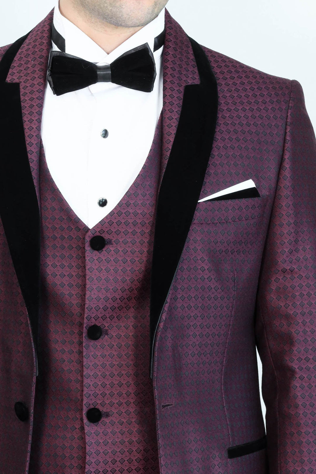 WSS Patterned Burgundy Velvet Lapel Groom Suit  - Yecapixtla
