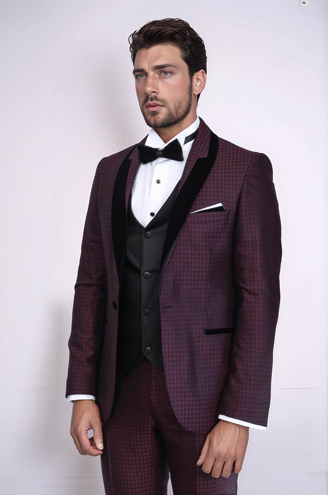 WSS Patterned Burgundy Velvet Lapel Groom Suit  - Yecapixtla