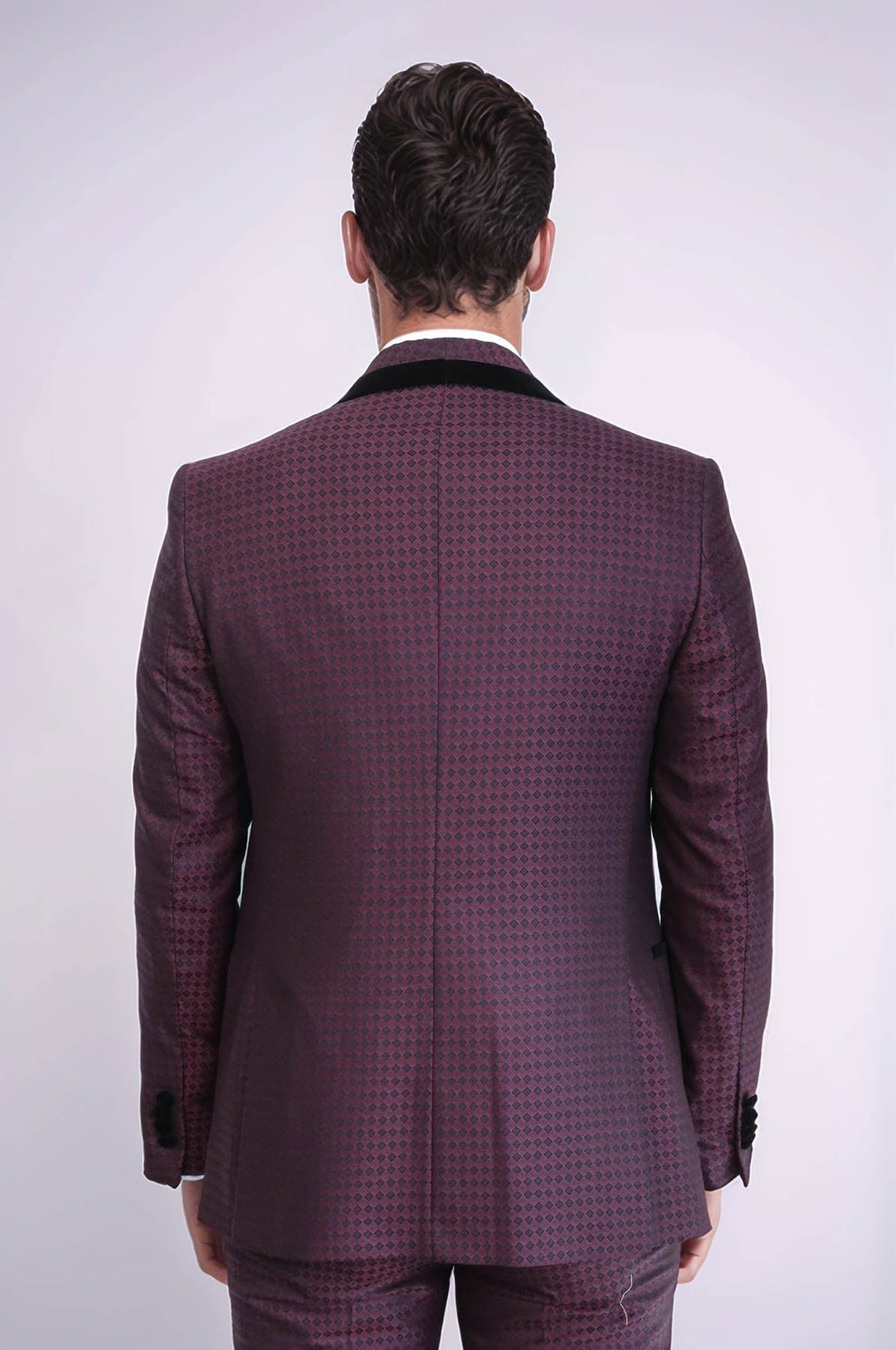 WSS Patterned Burgundy Velvet Lapel Groom Suit  - Yecapixtla