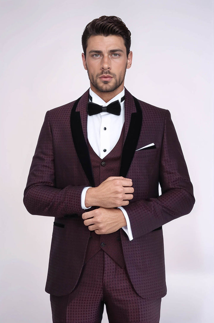 WSS Patterned Burgundy Velvet Lapel Groom Suit  - Yecapixtla