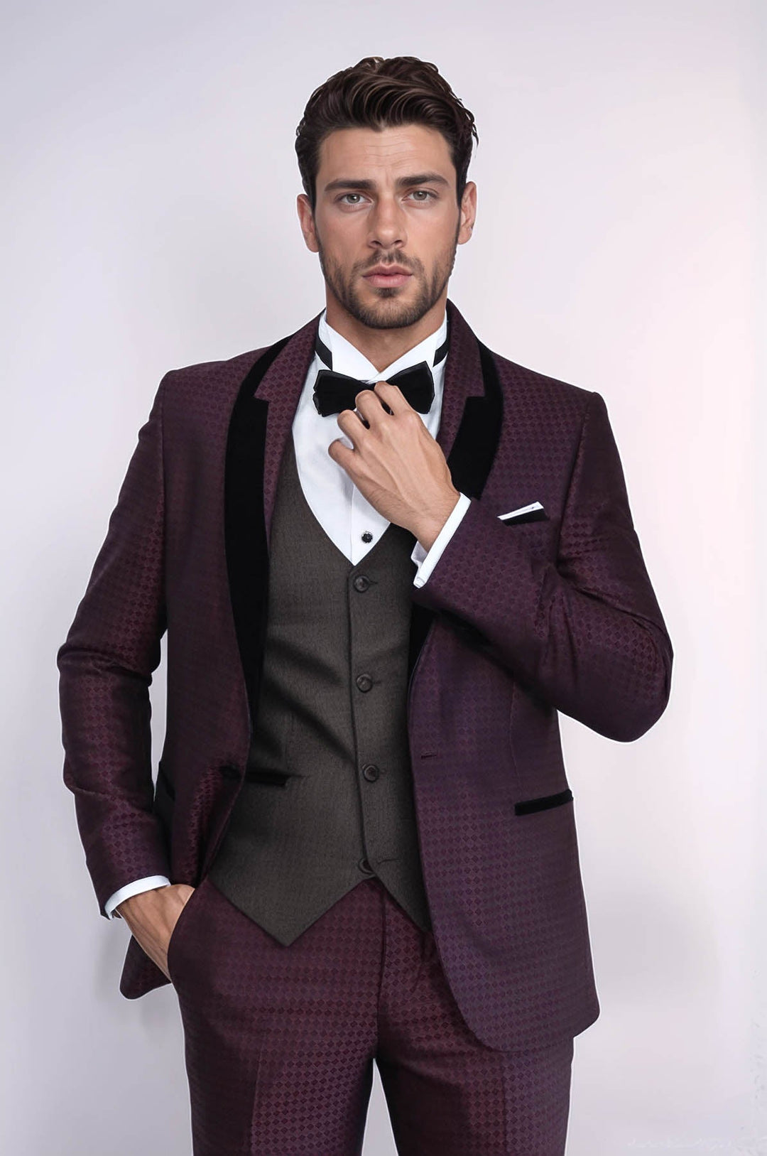 WSS Patterned Burgundy Velvet Lapel Groom Suit  - Yecapixtla