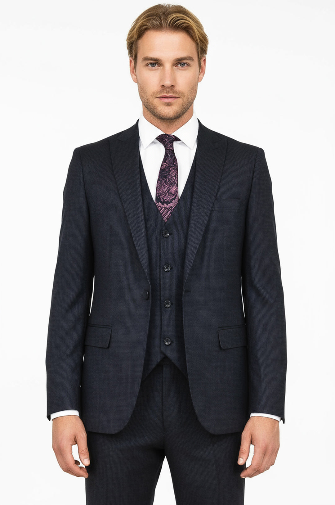 WSS Slim Fit Patterned Navy Blue Men Suit  - Cape Coral