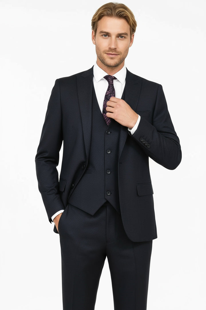 WSS Slim Fit Patterned Navy Blue Men Suit  - Cape Coral