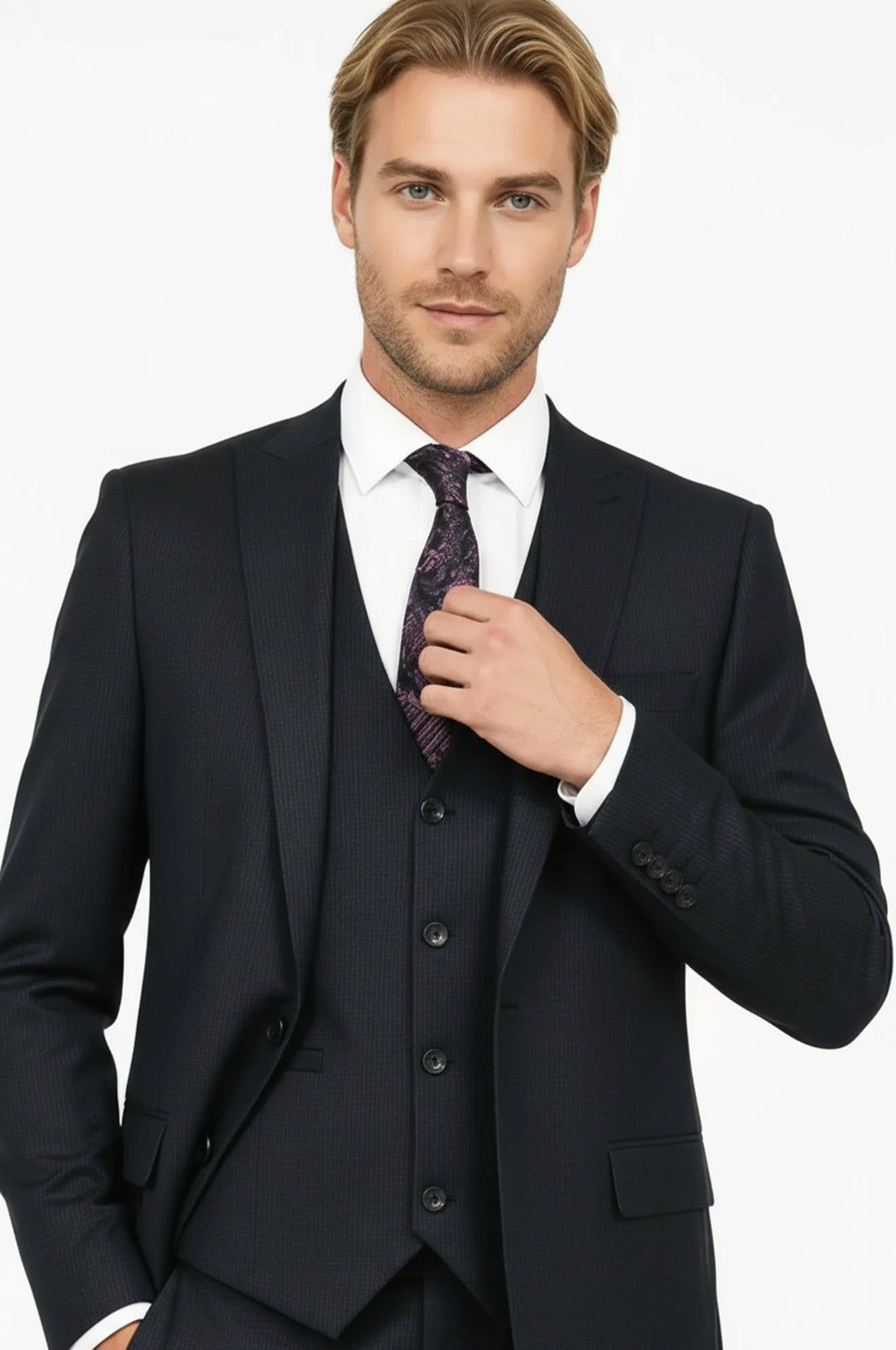 WSS Slim Fit Patterned Navy Blue Men Suit  - Cape Coral