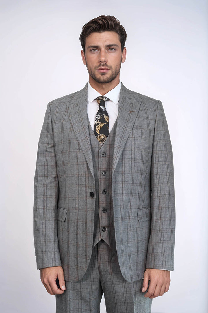 WSS Checked Slim Fit Grey Men Suit  - Paradise